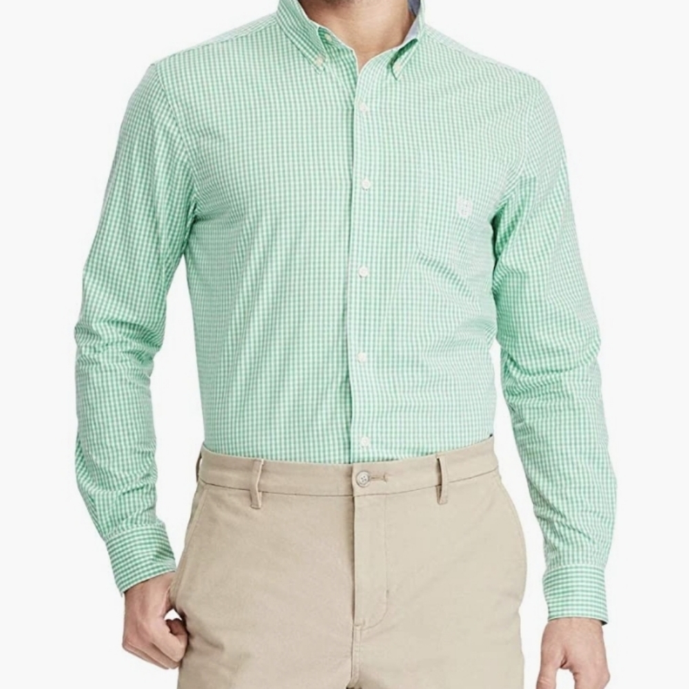 EUC Chaps Men's Green Mini Check Gingham Long Sleeve Shirt